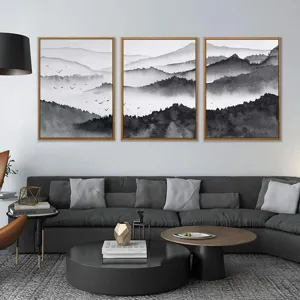 Modern black and white landscape canvas wall art, minimalist framed mountain prints for home decor.