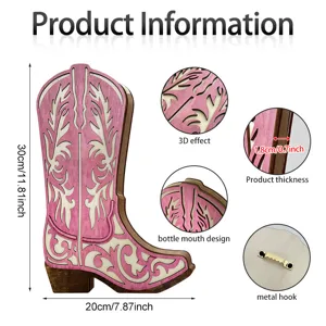 Hölzerner Cowboy Stiefel Wanddekoration rosa hohle hängende Vase für Heimdekoration 30x20cm