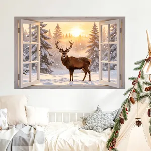 Vista detallada del adhesivo de pared con ventana 3D de Navidad con bosque nevado y ciervo.