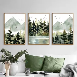 Modern Minimalist Landscape Forest Canvas Wall Art Set Wood Grain PS Frame Water Color Mountain Scenery Decorative Painting Living Room Bedroom Decor