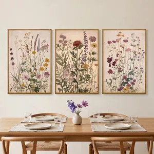 Botanical canvas wall art set of 3 with wood frame, bohemian floral print for living room decor.