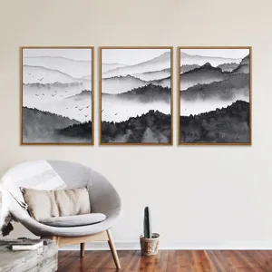 Modern Minimalist Black White Landscape Canvas Wall Art 3 Panel Framed Mountain Ink Painting For Bedroom Living Room Wall Decor