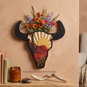 Wooden bull head wall art with desert sunset design, western rustic decor for home living room.