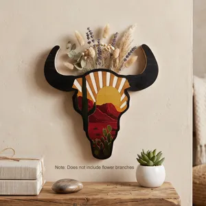 American Western Cowboy Bull Head Wood Wall Decor Hollow Out Cactus Desert Sunset Pattern Wooden Art Sculpture Home Decor