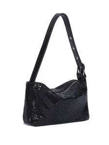 Nahaufnahme einer schwarzen Metallic-Netz-Umhängetasche mit verstellbarem Riemen.