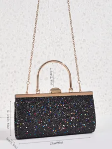 Detailansicht der schwarzen Pailletten-Abendtasche mit Metalltragegriff für feierliche Anlässe.