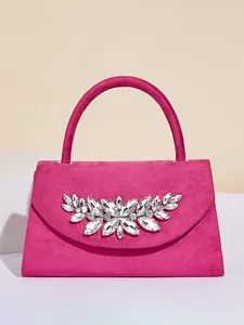 Faschings-Handtasche aus pinkem Wildleder mit glitzerndem Strass-Blumendetail für Partys.