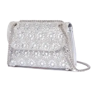 Glitzernde Strass Abendtasche Damen elegante silberne Ketten Umhängetasche Party Schultertasche