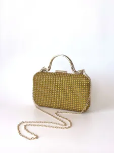 Elegante goldene Strass Abendtasche Clutch mit Griff und Kette für Partys und Bälle.