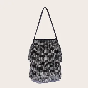 Elegante schwarze Strass-Eimer Tasche mit mehreren Lagen, glänzende Abendtasche für Damen.