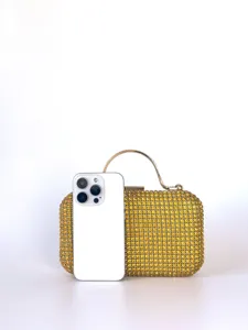 Goldene Strass Abendtasche Clutch mit Metallgriff, detaillierte Groessenansicht und Design.
