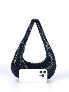 Schwarze metallische Pailletten Hobo Schultertasche für Damen, elegante Abendtasche.