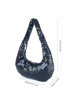Schwarze metallische Pailletten Schultertasche Damen Abendtasche Party Handtasche Reißverschluss