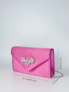 Rosa Satin Abendtasche Clutch mit glitzernden Strass Blumen und Kette für die Party.