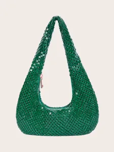Dunkelgrüne metallische Pailletten Hobo Achseltasche Handtasche für Damen Party Detail.
