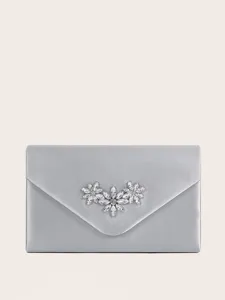 Silberne Satin Abendtasche Clutch mit eleganten Kristallblumen für elegante Partyanlässe.