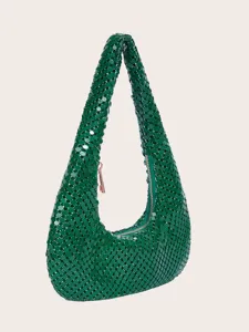 Dunkelgrüne metallische Mesh Pailletten Hobo Umhängetasche modische Party Handtasche mini