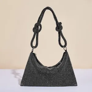 Schwarze Strass-Schultertasche für Damen, glitzernde Abendtasche mit geknotetem Griff.