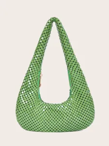Grüne Pailletten Metall Schultertasche für Damen, Mode Hobo Achseltasche Party Handtasche.