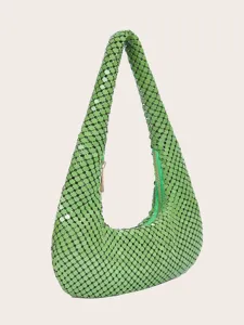 Grüne Metallic Mesh Umhängetasche für Damen, modische Achseltasche mit Reißverschluss.