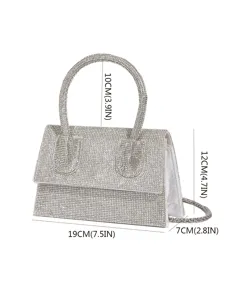 Silberne Strass Abendhandtasche, elegante Party Clutch Tasche mit Henkel und Kette.