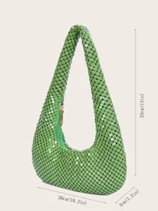 Damen Gruene Pailletten Kettenhemd Hobo Tasche Mini Achsel Schulter Handtasche mit Reissverschluss