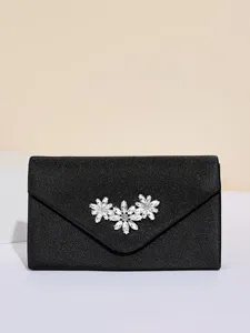 Schwarze Glitzer Kuvert Abendtasche mit funkelnden Strass Kristall Blumen für Partys.