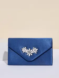 Blaue Satin Umschlag Abendtasche Clutch mit Strass Blumen für Damen Party Hochzeit
