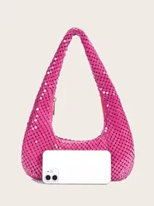 Rosa Pailletten Hobo Schultertasche Detail, metallische Netztasche für Partys und Abende.