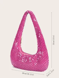 Pinkfarbene metallische Mesh Hobo Umhängetasche mit Reißverschluss für Abendpartys.