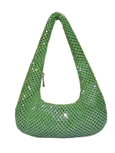 Grüne metallische Mesh-Schultertasche für Damen, stylische Abendtasche für Partys und Events.