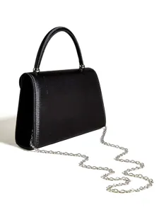 Elegante schwarze Satin-Abendtasche mit silberner Kette, ideal für Partys und Abendanlässe.