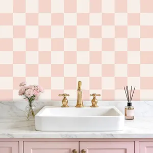 Bohème Rose Blanc Damier Géométrique Imperméable Autocollant Sticker Mural PVC Mat Carreaux Papier Peint pour Chambre Chambre d'Enfant Rénovation Murale Maison Décoration