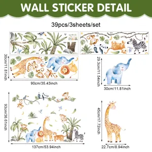 Cartoon jungle animals wall sticker detail with multiple cute creatures and size chart dimensions.
