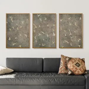 Modern framed canvas wall art set with vintage flying birds design for home decor detail.