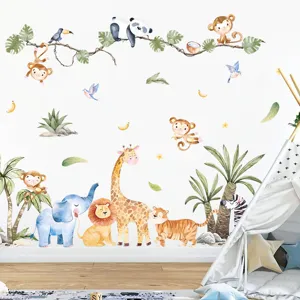Watercolor jungle animal wall stickers displayed in a cozy child nursery room scene.