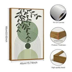 Modern botanical canvas wall art with wooden frame, abstract green leaves and geometric shapes.