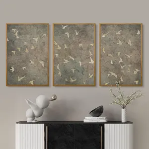 Modern triptych framed canvas wall art retro flying birds oil painting for living room decor