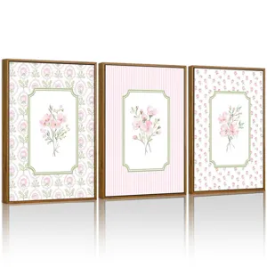 Böhmische Rosa Florale Leinwand Wandkunst Moderner Minimalismus Hängendes Gemälde Mit Birnenholz PS Rahmen Für Schlafzimmer
