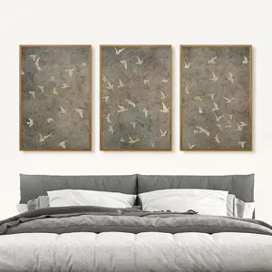 Modern abstract triptych canvas wall art framed vintage gold flying birds decor for bedroom.