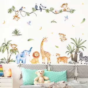 Cute jungle animal wall stickers for kids room, PVC self-adhesive cartoon decor decals.
