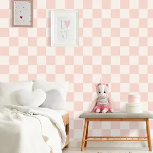 Papier peint étanche à carreaux roses pour décoration murale de chambre fille, PVC.