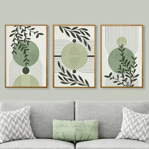 Bohemian Green Plant Line Abstract Framed Canvas Wall Art Modern Minimalist Three Piece Set Wall Decor Living Room Bedroom