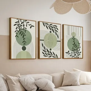 Modern bohemian green plant canvas art, minimalist geometric framed decor for living room and bedroom.