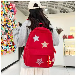 Japanese ins style cute corduroy backpack for girls with star patches, soft sweet daily bag.