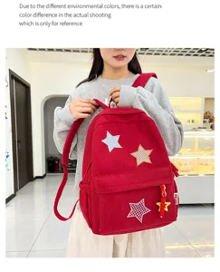 Japanese style cute red corduroy backpack with star patches, casual student daypack for girls.
