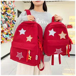 Cute corduroy school backpack with star patches and pendants, sweet girl daily casual bag.