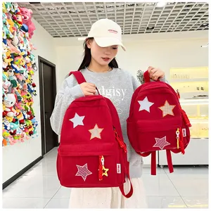 Japanese ins cute sweet girls small corduroy backpack with star patches and pendant.