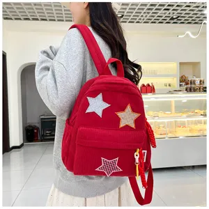 Japanese style cute corduroy backpack for sweet girls with star patches casual daily bag