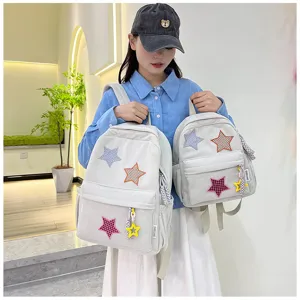 Cute corduroy mini backpack for women, sweet style aesthetic daily casual daypack with star patches.